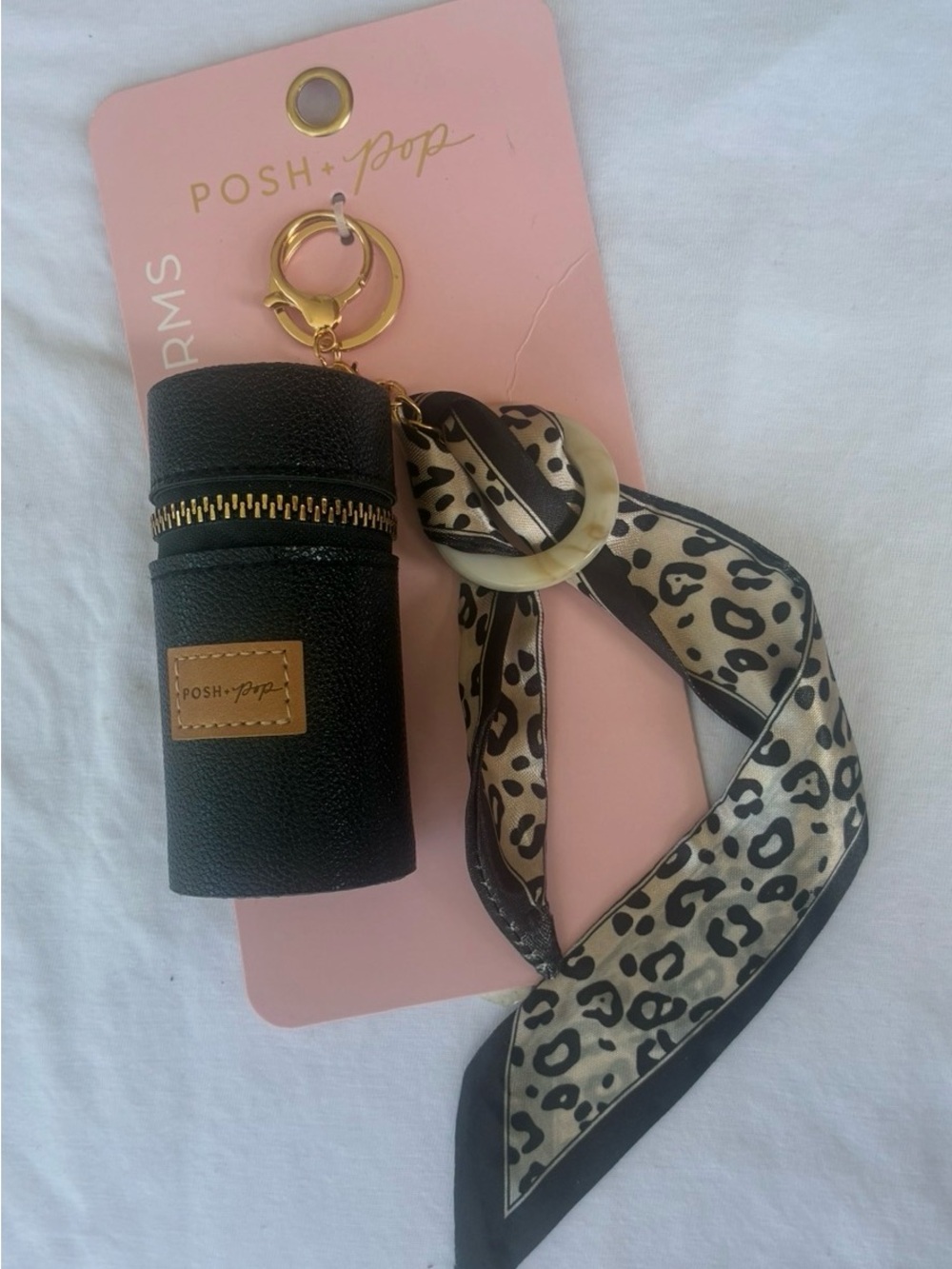 Black Lipstick Holder Keychain with Leopard Scarf Accent